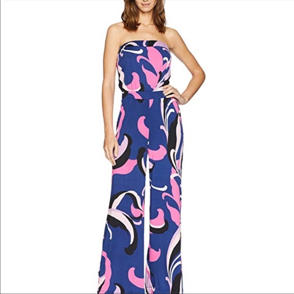 Trina Turk Blue Pink Black Strapless Printed Jumpsuit